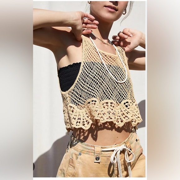Free People Crochet Crop Top in Cream and Black - Picture 1 of 6